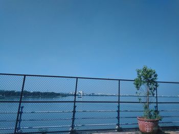 Chainlink fence against clear blue sky