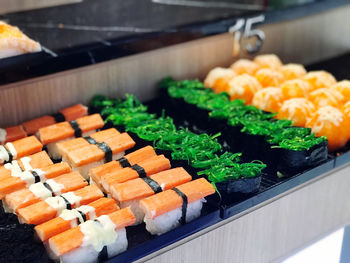 Close-up of sushi in tray