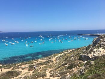 Scenic view of sea against clear blue sky