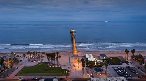 Birdseye view of imperial beach pier and boardwalk at dawn. san diego, california