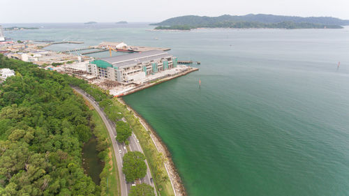 High angle view of bay against clear sky