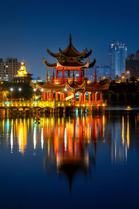 Reflection of building in lake at night