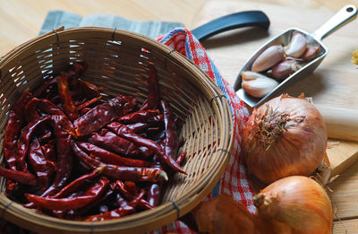 High angle view of chocolate in basket on table