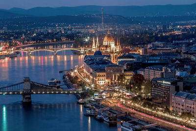 Budapest aerial night panorama over danube and parliament, hungary