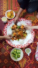 High angle view of food served on table