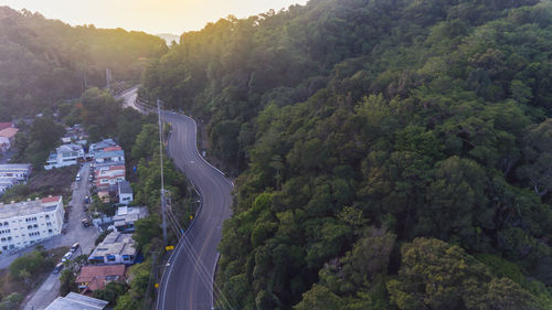 Aerial view car drive going through forest, aerial top view forest,