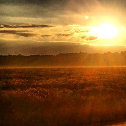 Sun shining through clouds over landscape