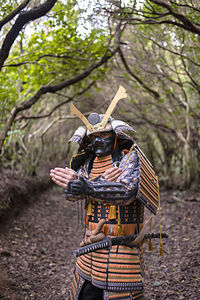 Portrait of man wearing costume while standing in forest