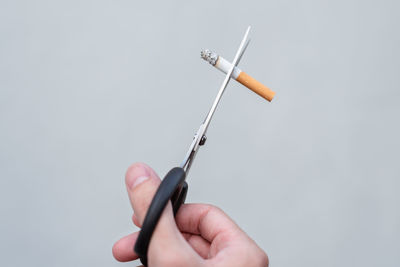 Close-up of hand holding paper over white background