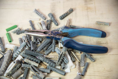 High angle view of tools on table