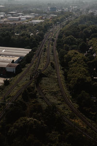 High angle view of railroad tracks in city