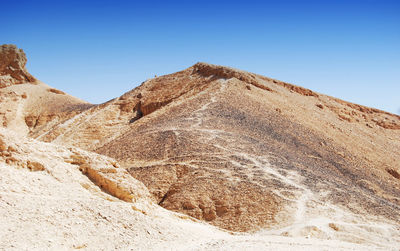 Scenic view of desert against clear blue sky