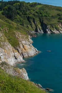 Scenic view of sea with rocks in background