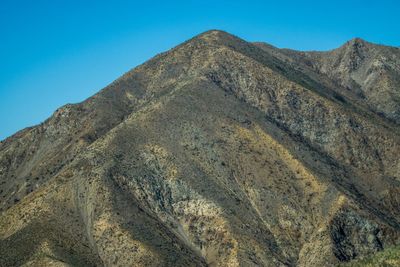 Low angle view of rocky mountain against blue sky