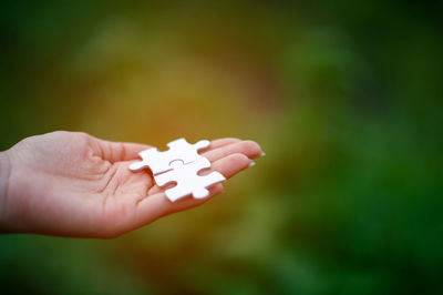 Close-up of hand holding puzzle piece against blurred background