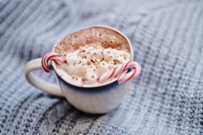 Close-up of cappuccino on table