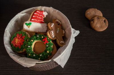 High angle view of cookies in plate on table