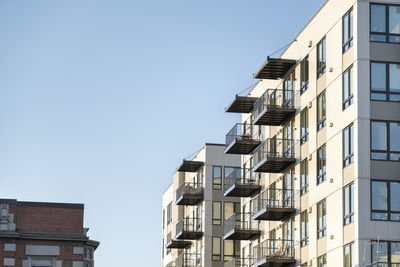 Low angle view of buildings against clear sky