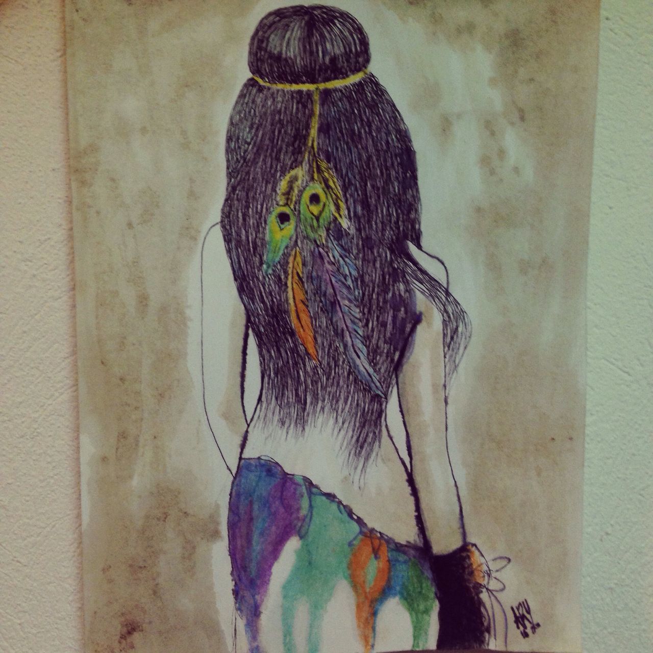 rear view, wall - building feature, long hair, black hair, multi colored, creativity