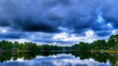 Scenic view of calm lake against cloudy sky