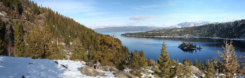 Scenic view of lake against cloudy sky