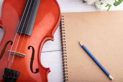 High angle view of book on table