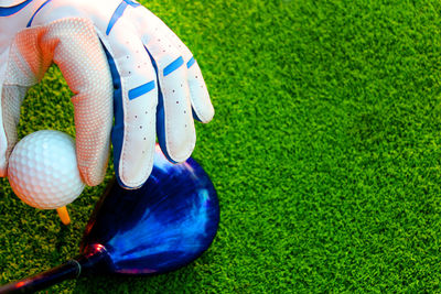 High angle view of multi colored ball on field