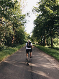 Rear view of man riding bicycle on road