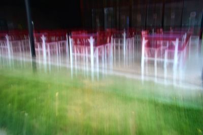 Blurred motion of illuminated lights on field at night