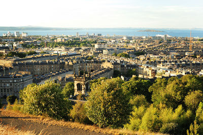 High angle view of cityscape of edinburgh against sky