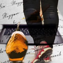 Low section of woman with text on table