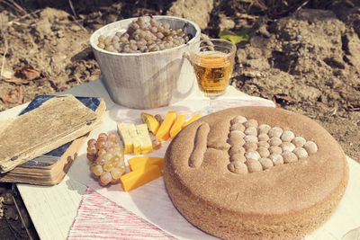 High angle view of breakfast on table