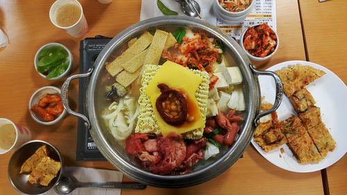 High angle view of breakfast served on table