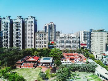 High angle view of city against clear blue sky