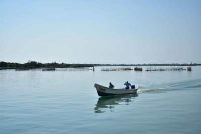 People on boat in lake against clear sky