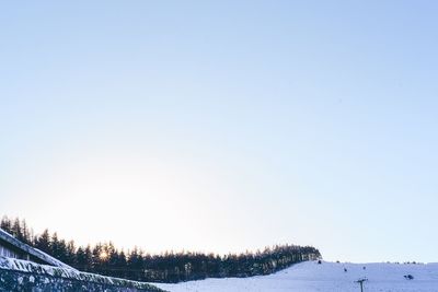 Snow covered landscape against clear sky