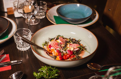 High angle view of meal served on table