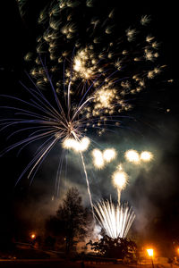 Low angle view of firework display at night