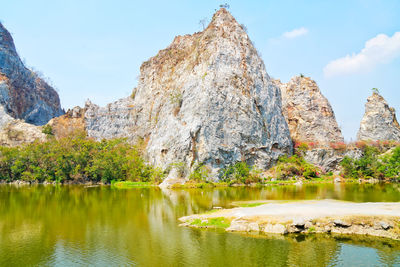 Scenic view of lake and rocks against sky