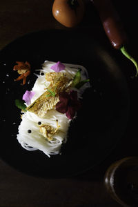 High angle view of meal served on table