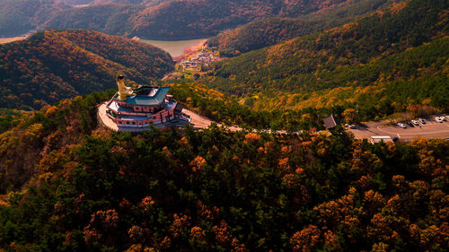 High angle view of trees and mountains during autumn