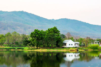 Scenic view of lake by trees and mountains