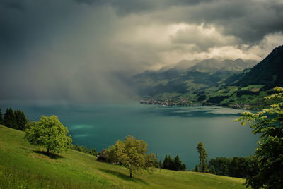 Scenic view of lake and mountains against sky