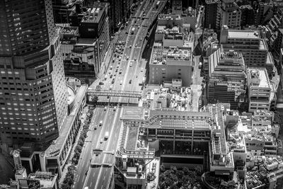 High angle view of street amidst buildings in city