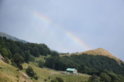 Scenic view of rainbow over mountain against sky