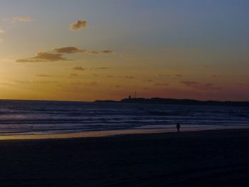 Silhouette person on beach against sky during sunset