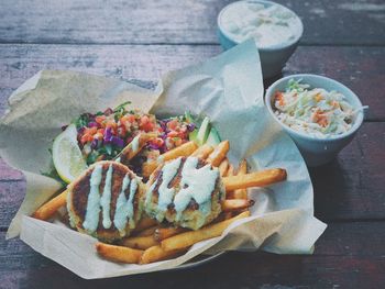 High angle view of food on table