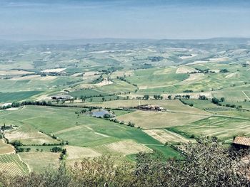 High angle view of agricultural field against sky