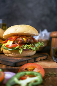 Close-up of burger on table