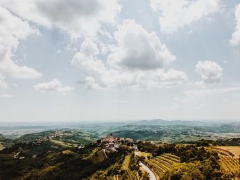 High angle view of cityscape against cloudy sky